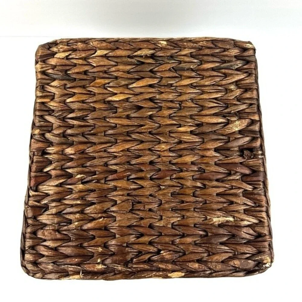 Square Brown Wicker Basket with Leather Handles 10.5” x 8.5”